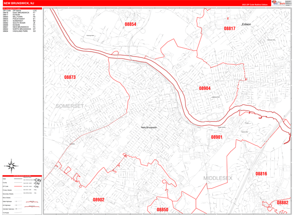 New Brunswick City Digital Map Red Line Style